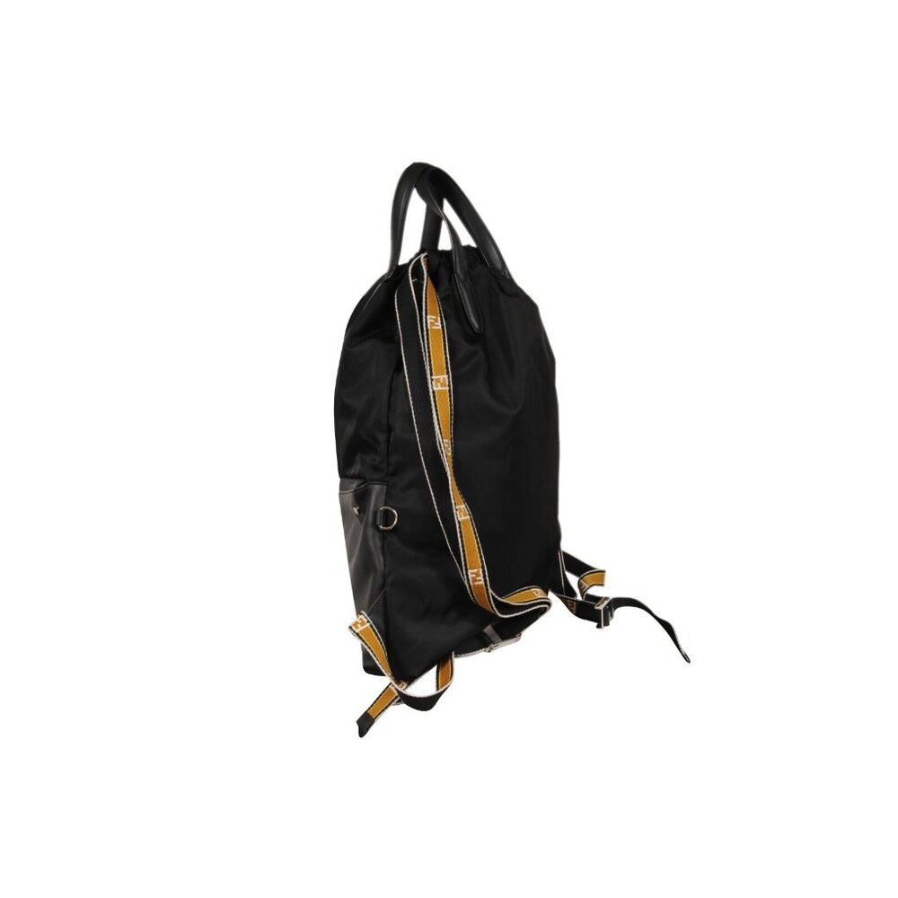 Fendi Mens Nylon Vitello Drawstring Backpack Black Leather Logo Yellow Straps - Picture 9 of 16